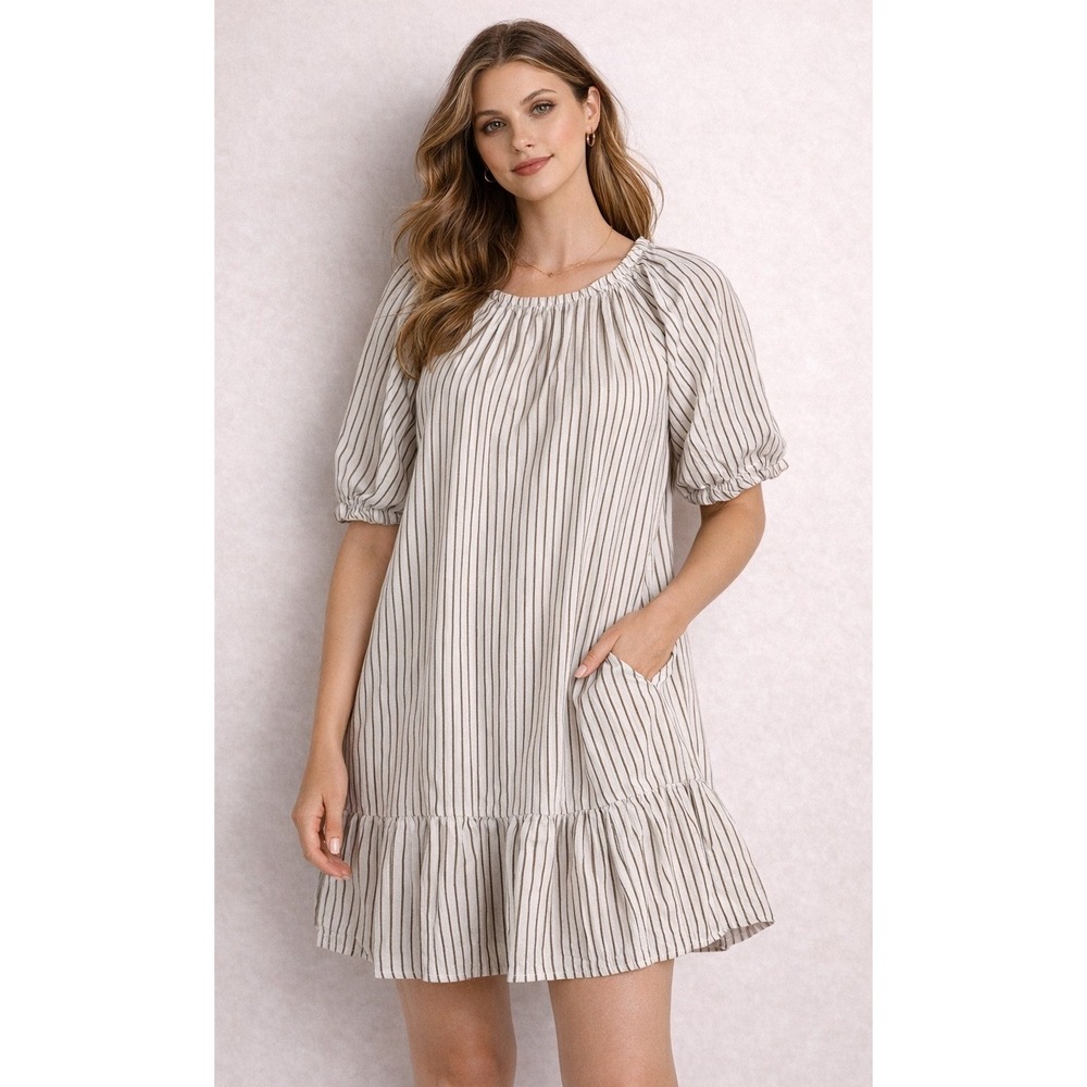 Minkpink Dress Women‎ Small White Brown Striped Puff Sleeve Mini Ruffle Hem Boho